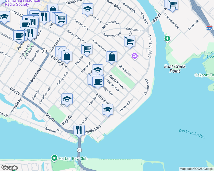 map of restaurants, bars, coffee shops, grocery stores, and more near 3233 Briggs Avenue in Alameda
