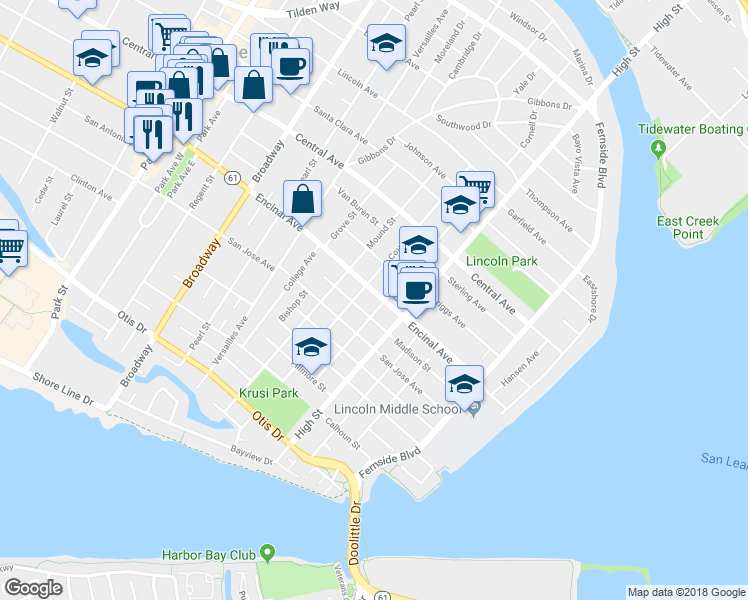map of restaurants, bars, coffee shops, grocery stores, and more near 1240 Fountain Street in Alameda