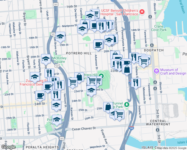 map of restaurants, bars, coffee shops, grocery stores, and more near 863 Wisconsin Street in San Francisco