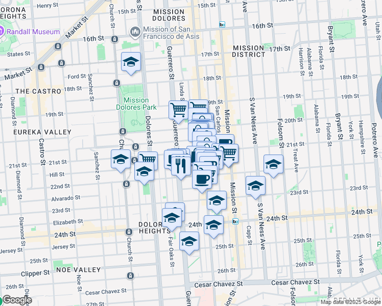 map of restaurants, bars, coffee shops, grocery stores, and more near 3361 21st Street in San Francisco