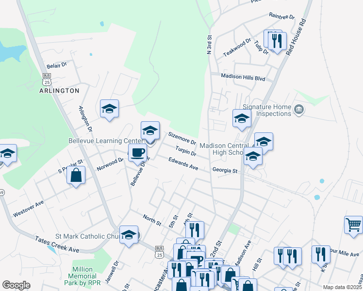 map of restaurants, bars, coffee shops, grocery stores, and more near 5 Turpin Drive in Richmond