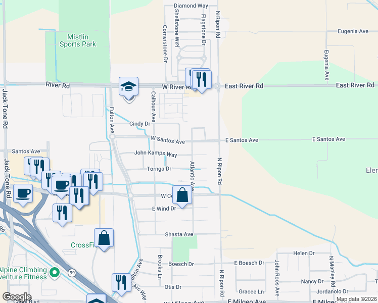 map of restaurants, bars, coffee shops, grocery stores, and more near 196 Smit Court in Ripon