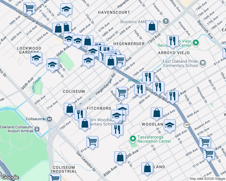 map of restaurants, bars, coffee shops, grocery stores, and more near 7600 Herbert Guice Way in Oakland