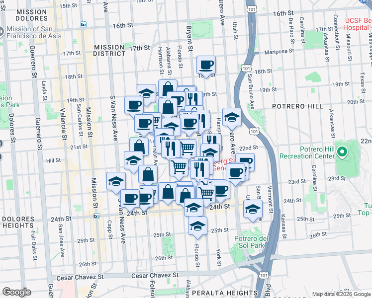 map of restaurants, bars, coffee shops, grocery stores, and more near in San Francisco