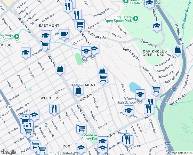 map of restaurants, bars, coffee shops, grocery stores, and more near 2416 88th Avenue in Oakland