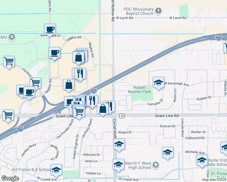 map of restaurants, bars, coffee shops, grocery stores, and more near Corral Hollow Road & West Kavanagh Avenue in Tracy