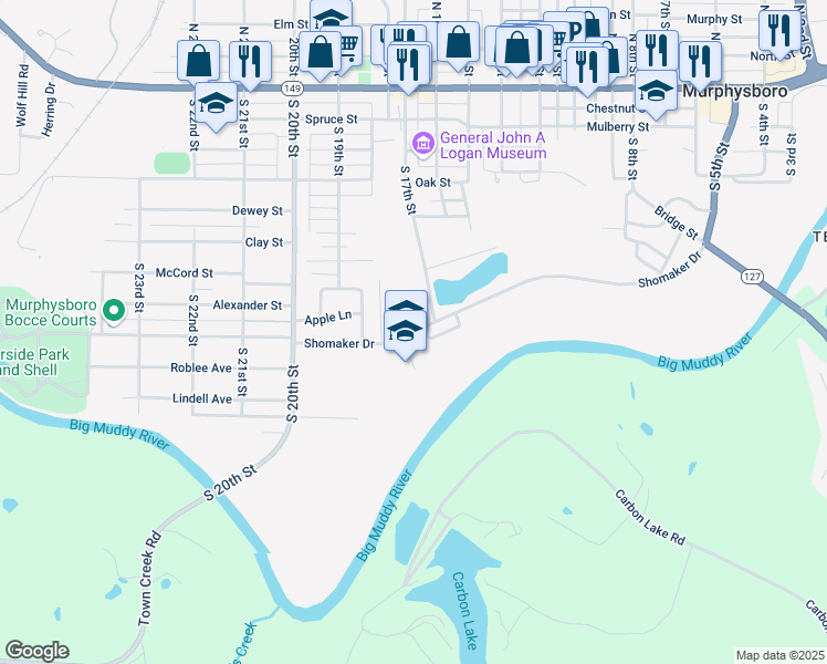 map of restaurants, bars, coffee shops, grocery stores, and more near 1725 Shomaker Drive in Murphysboro