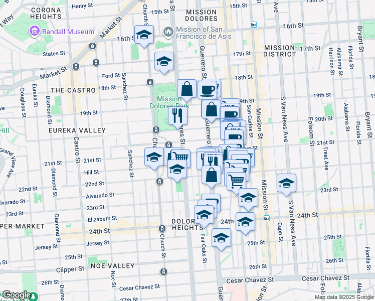map of restaurants, bars, coffee shops, grocery stores, and more near 795 Dolores Street in San Francisco