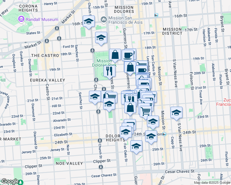map of restaurants, bars, coffee shops, grocery stores, and more near 795 Dolores Street in San Francisco