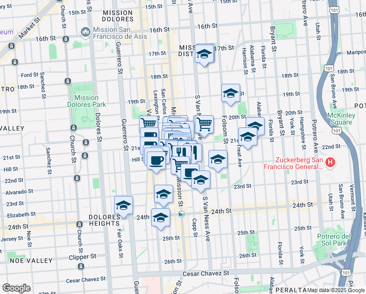 map of restaurants, bars, coffee shops, grocery stores, and more near 628 Capp Street in San Francisco