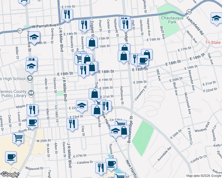 map of restaurants, bars, coffee shops, grocery stores, and more near 2018 Center Street in Owensboro