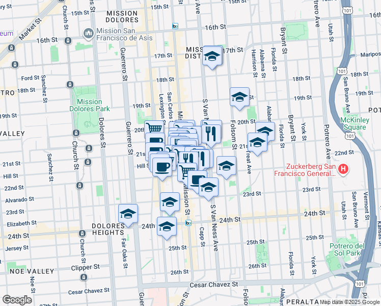map of restaurants, bars, coffee shops, grocery stores, and more near 3173 21st Street in San Francisco
