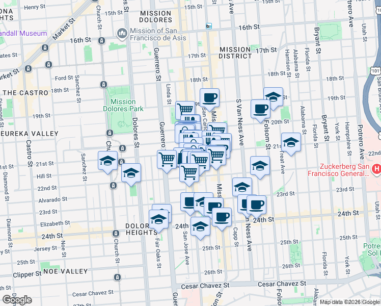 map of restaurants, bars, coffee shops, grocery stores, and more near 21st St & Valencia St in San Francisco