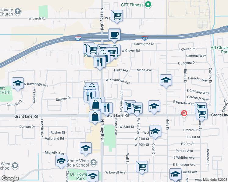 map of restaurants, bars, coffee shops, grocery stores, and more near 2800 North Tracy Boulevard in Tracy