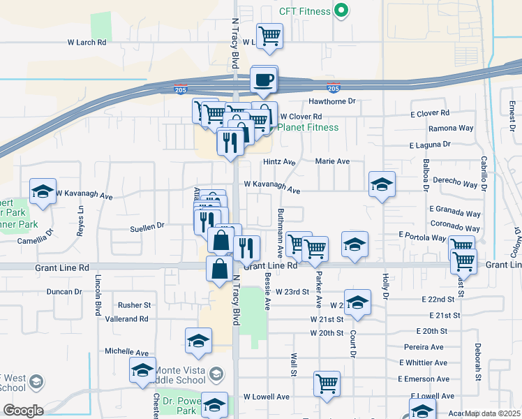 map of restaurants, bars, coffee shops, grocery stores, and more near 2800 North Tracy Boulevard in Tracy
