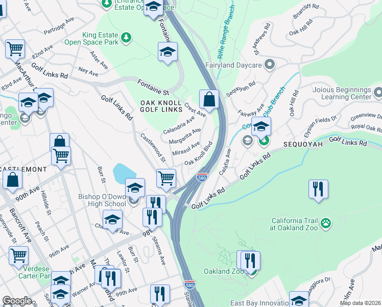 map of restaurants, bars, coffee shops, grocery stores, and more near 3441 Oak Knoll Boulevard in Oakland