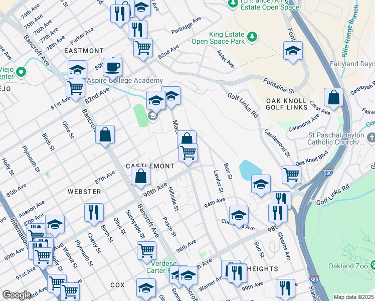 map of restaurants, bars, coffee shops, grocery stores, and more near in Oakland