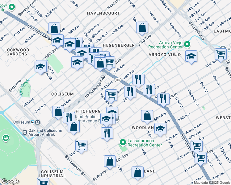 map of restaurants, bars, coffee shops, grocery stores, and more near 1257 78th Avenue in Oakland