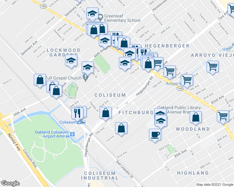 map of restaurants, bars, coffee shops, grocery stores, and more near 1061 73rd Avenue in Oakland
