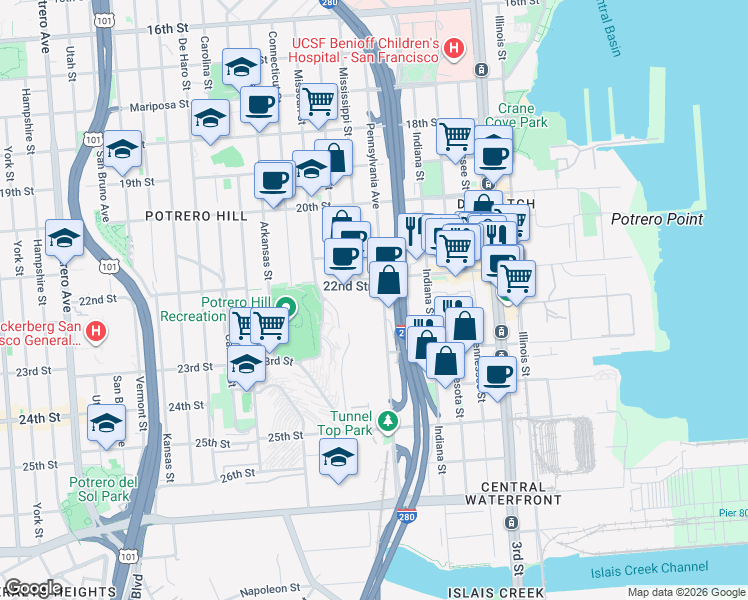 map of restaurants, bars, coffee shops, grocery stores, and more near 1395 22nd Street in San Francisco