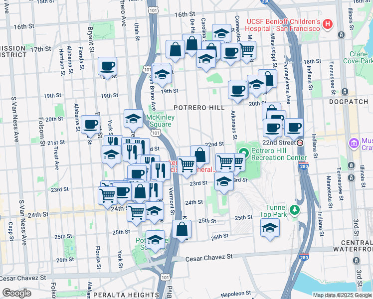 map of restaurants, bars, coffee shops, grocery stores, and more near 1013 Rhode Island Street in San Francisco