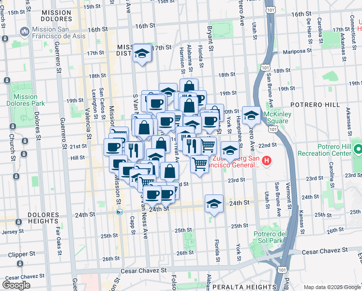 map of restaurants, bars, coffee shops, grocery stores, and more near in San Francisco