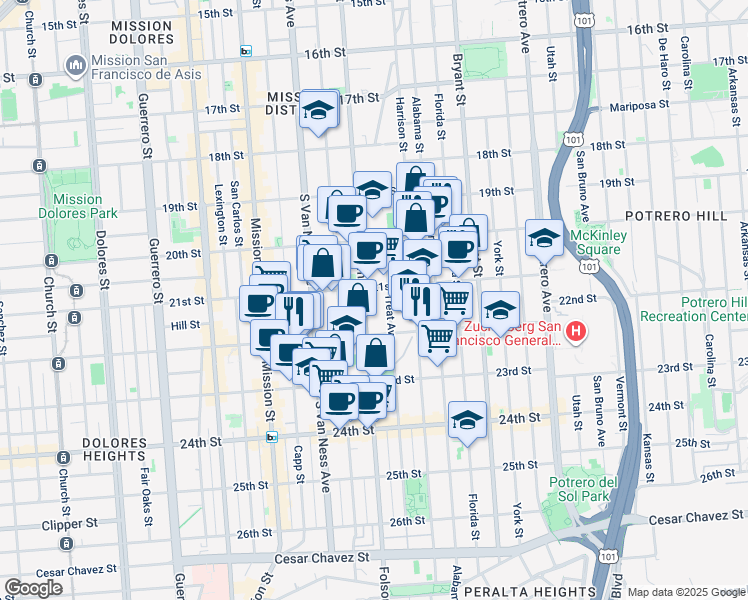 map of restaurants, bars, coffee shops, grocery stores, and more near in San Francisco