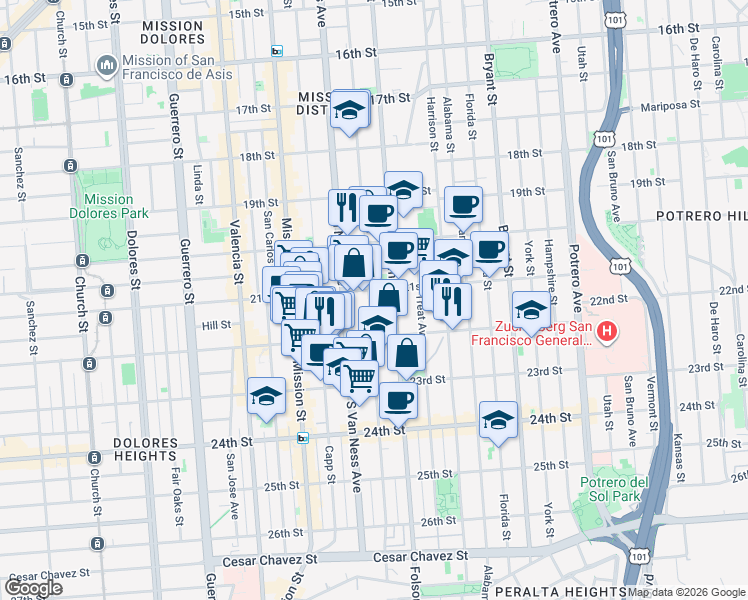 map of restaurants, bars, coffee shops, grocery stores, and more near 2546 Folsom Street in San Francisco