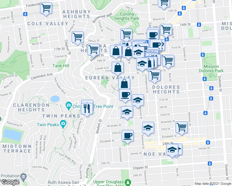 map of restaurants, bars, coffee shops, grocery stores, and more near 110 Romain Street in San Francisco