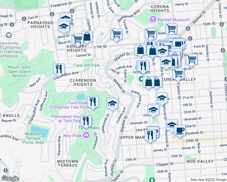 map of restaurants, bars, coffee shops, grocery stores, and more near 642 Corbett Avenue in San Francisco