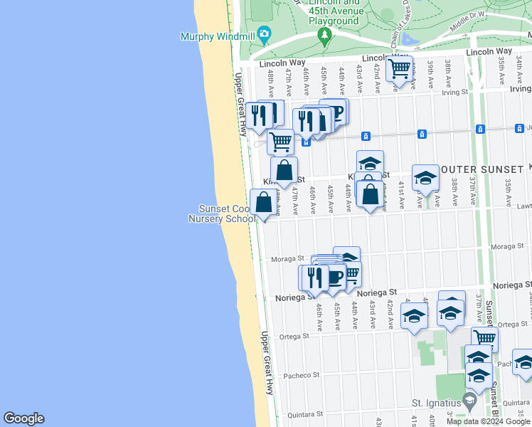 map of restaurants, bars, coffee shops, grocery stores, and more near 4201 Lawton Street in San Francisco