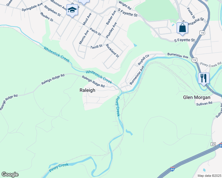 map of restaurants, bars, coffee shops, grocery stores, and more near 104 Ralview Lane in Beckley