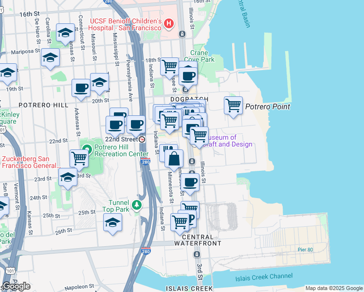 map of restaurants, bars, coffee shops, grocery stores, and more near 1 Tubbs Street in San Francisco