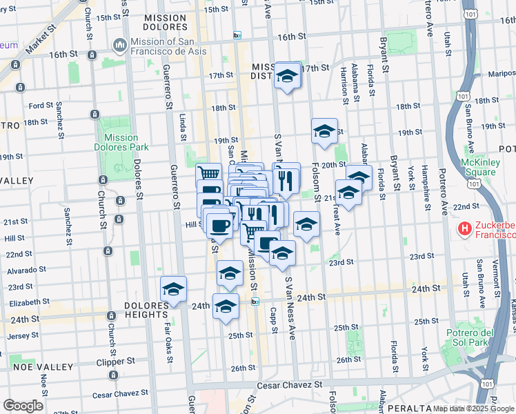 map of restaurants, bars, coffee shops, grocery stores, and more near 628 Capp Street in San Francisco