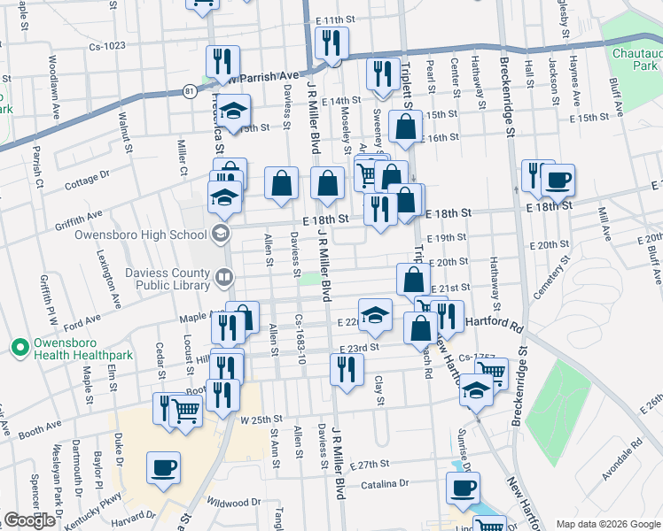 map of restaurants, bars, coffee shops, grocery stores, and more near 316 East 20th Street in Owensboro