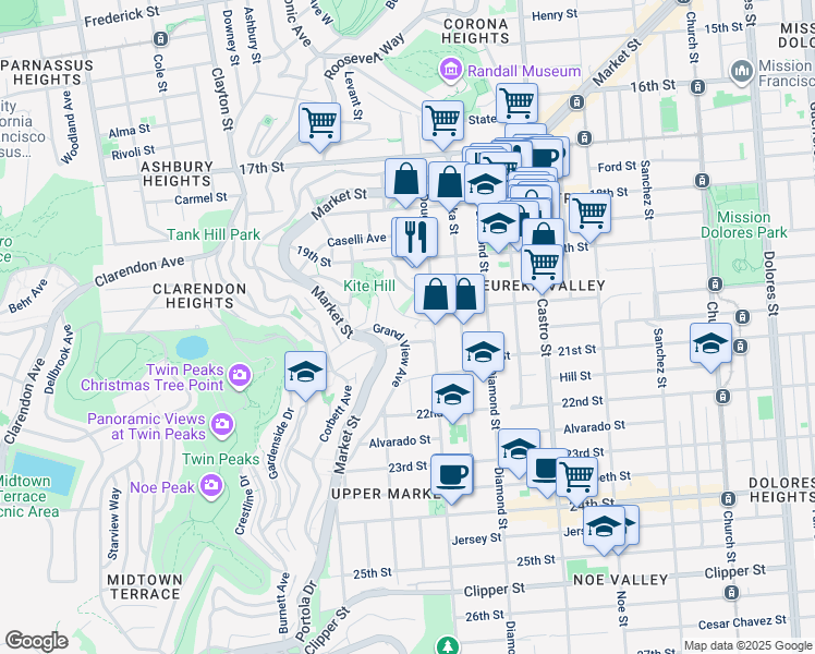 map of restaurants, bars, coffee shops, grocery stores, and more near 77 Grand View Avenue in San Francisco