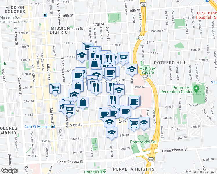 map of restaurants, bars, coffee shops, grocery stores, and more near 913 Florida Street in San Francisco