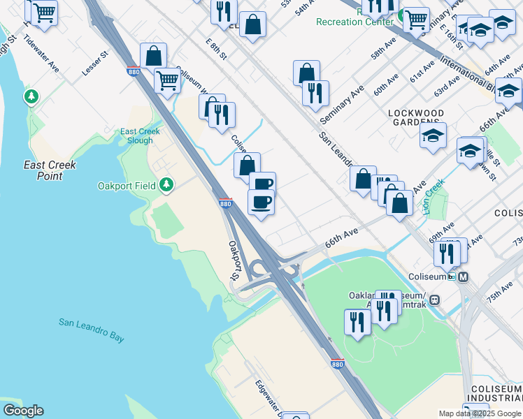 map of restaurants, bars, coffee shops, grocery stores, and more near 515 Independent Road in Oakland