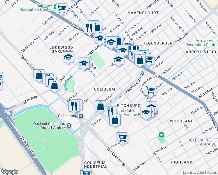 map of restaurants, bars, coffee shops, grocery stores, and more near 1045 72nd Avenue in Oakland