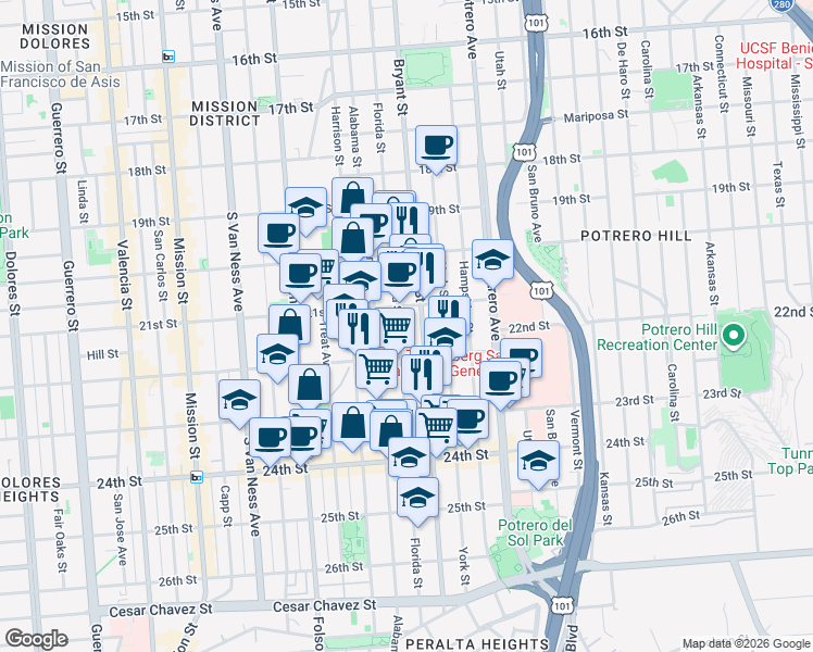 map of restaurants, bars, coffee shops, grocery stores, and more near 913 Florida Street in San Francisco