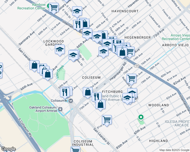 map of restaurants, bars, coffee shops, grocery stores, and more near 1045 72nd Avenue in Oakland