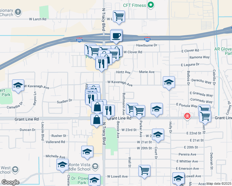 map of restaurants, bars, coffee shops, grocery stores, and more near 2800 North Tracy Boulevard in Tracy