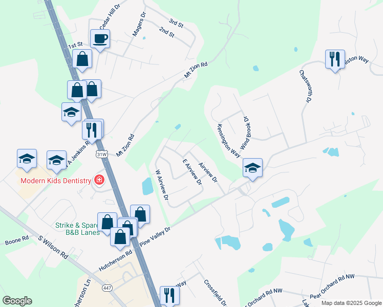 map of restaurants, bars, coffee shops, grocery stores, and more near 152 Airview Drive in Elizabethtown