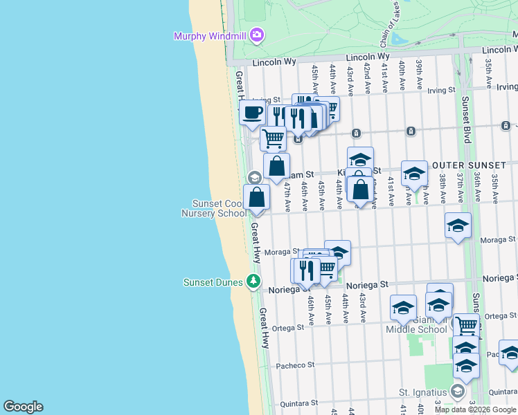 map of restaurants, bars, coffee shops, grocery stores, and more near 1580 Great Highway in San Francisco