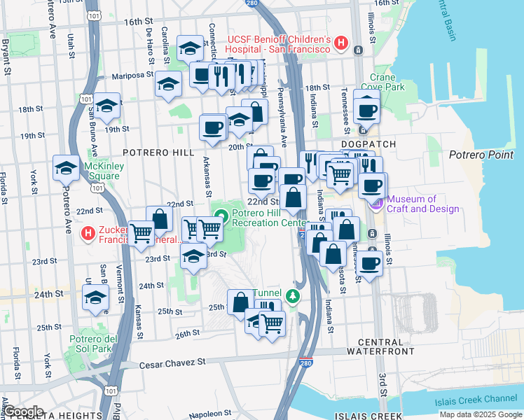 map of restaurants, bars, coffee shops, grocery stores, and more near 1395 22nd Street in San Francisco