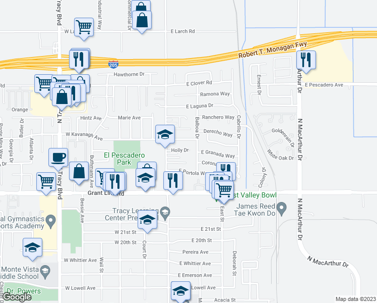 map of restaurants, bars, coffee shops, grocery stores, and more near 2724 Holly Drive in Tracy