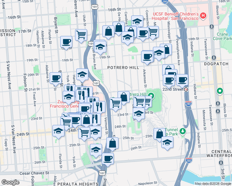 map of restaurants, bars, coffee shops, grocery stores, and more near 2109 22nd Street in San Francisco