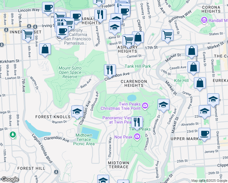 map of restaurants, bars, coffee shops, grocery stores, and more near 150 Glenbrook Avenue in San Francisco