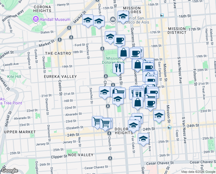map of restaurants, bars, coffee shops, grocery stores, and more near 869 Church Street in San Francisco