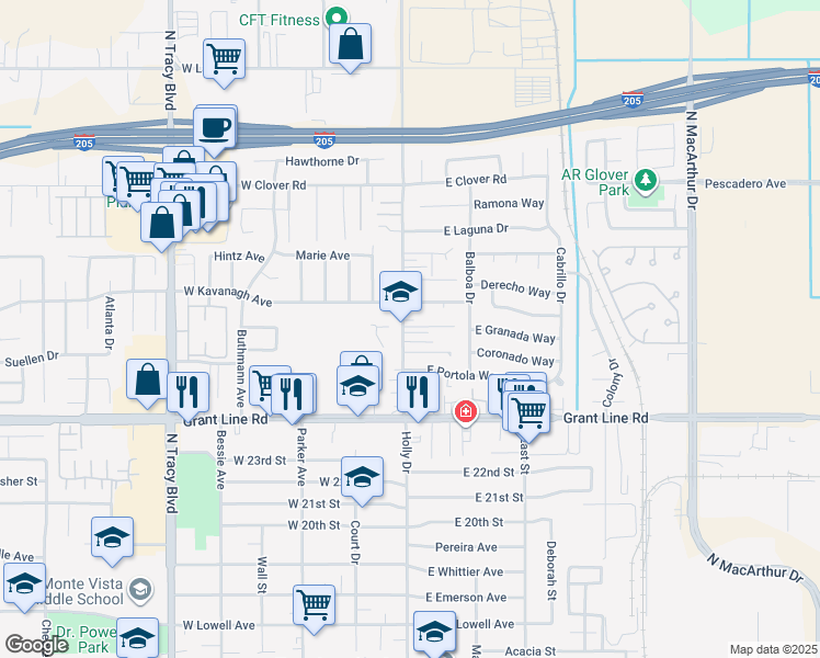 map of restaurants, bars, coffee shops, grocery stores, and more near 2796 Holly Drive in Tracy